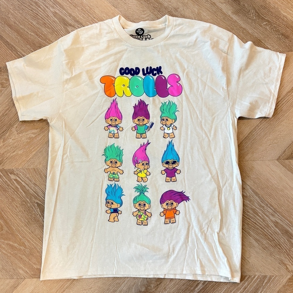 L - Trolls Short Sleeve Tee - Cream with Colorful Characters